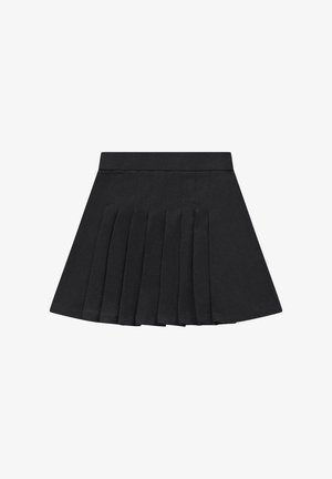 Zwarte geplooide rok met een brede tailleband, gelijkmatig verdeelde verticale plooien en een A-lijn silhouet.