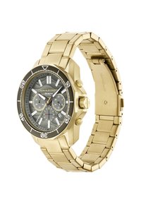 Guldtonet metal Armani Exchange armbåndsur med sort bezel, grå urskive, tre subskiver, datovisning og kædearmbånd.