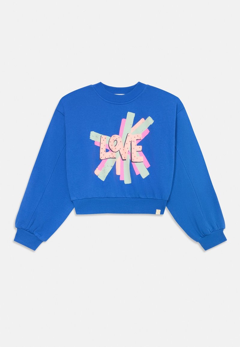 Sweat-shirt court bleu à manches longues avec poignets côtelés et graphisme texte coloré "LOVE" en rose, vert et beige sur le devant.