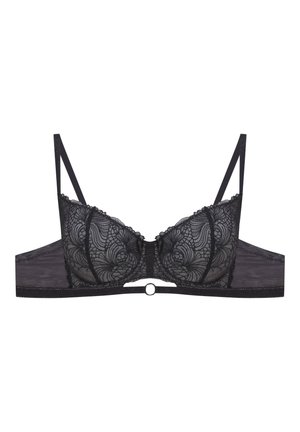 Black lace bra with sheer cups, floral pattern, and scalloped trim. Features adjustable straps, a front satin ring detail, and smooth back.