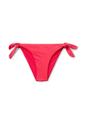 Světlé růžové bikiny vyrobené z hladkého, elastického materiálu. Obsahují zavazovací detaily na obou stranách a vysoký střih.