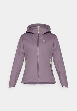 Fioletowa kurtka softshell z kapturem, z zamkiem błyskawicznym z przodu i dwoma kieszeniami na zamek, wyróżniająca się żółtymi akcentami.