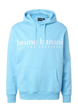 Világoskék kapucnis pulóver elülső zsebbel, a mellkasnál fehér felirattal: "bruno banani NOT FOR EVERYBODY".