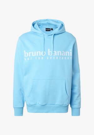 Világoskék kapucnis pulóver elülső zsebbel, a mellkasnál fehér felirattal: "bruno banani NOT FOR EVERYBODY".