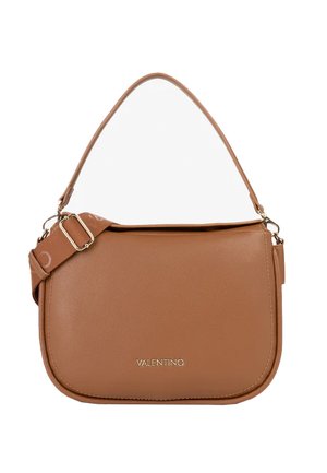 Borsa a tracolla in pelle marrone Valentino con bordi curvi, tracolla regolabile e logo dorato sul davanti.