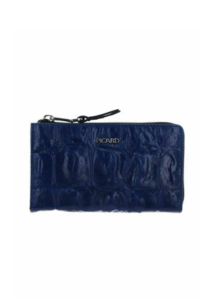 Portefeuille zippé en cuir texturé bleu avec logo PICARD en métal et tirette noire.