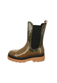 Brown patent leather ankle boot with black elastic panels, textured sole, and beige tread. Features a pull tab at the back for ease of wear.