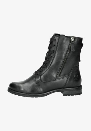 Black leather ankle boots featuring a lace-up front, side zipper, and textured surface. Sturdy outsole with minimal hardware accents.