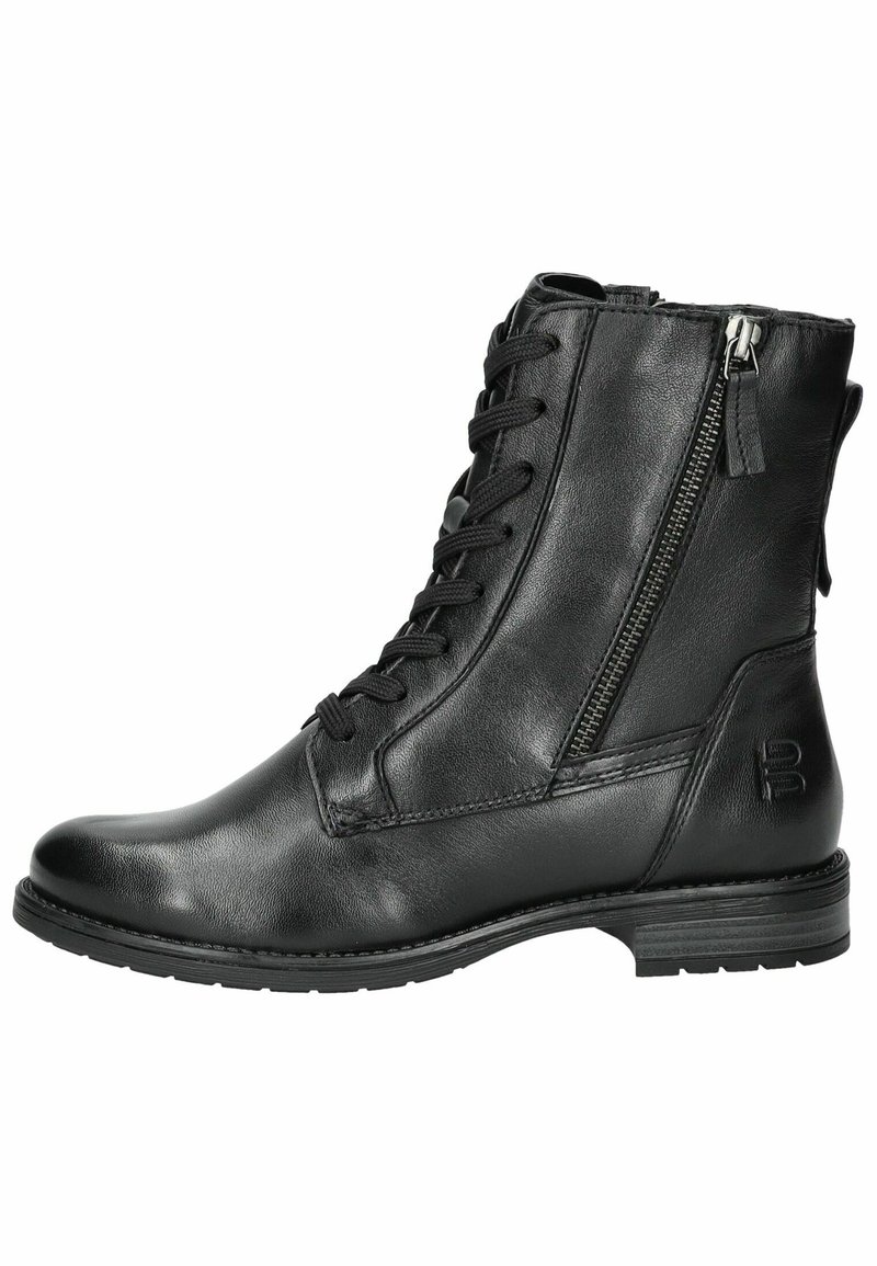Stivaletti neri in pelle con lacci, zip laterale e superficie texture. Suola robusta con minimi dettagli in metallo.