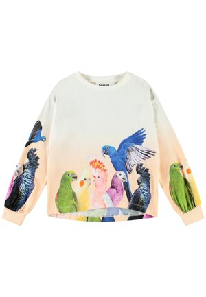Sweat-shirt en coton à manches longues avec un imprimé coloré de perroquet sur le devant et les manches, sur un fond crème, avec une coupe décontractée.