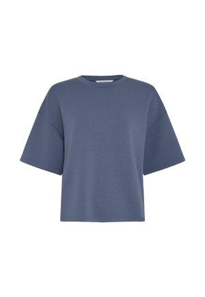 Μπλουζάκι μπλε, oversized με κοντό μανίκι, στρογγυλή λαιμόκοψη και χαλαρή εφαρμογή, εμφανίζεται σε απλό λευκό φόντο.