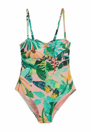 One-piece swimsuit with adjustable straps, featuring a colorful tropical leaf and bird pattern on a pink background.