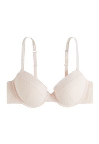 Soutien-gorge rose clair avec une texture à pois, bordure en dentelle et bonnets rembourrés. Bretelles réglables et fermeture à crochets au dos.
