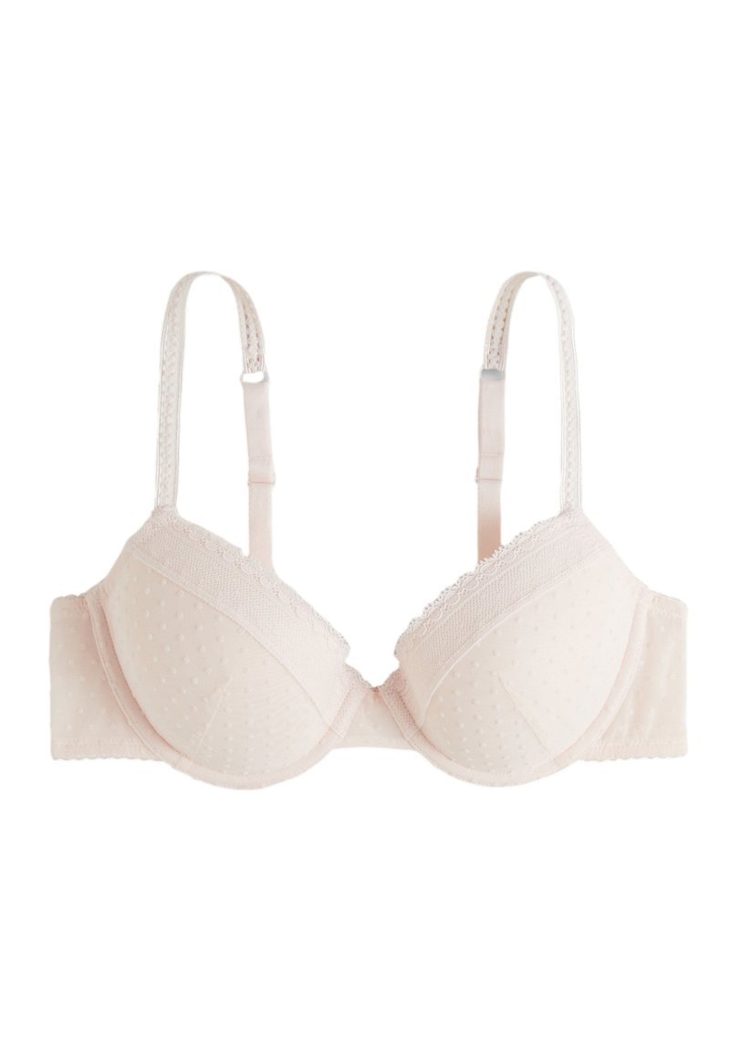 Soutien-gorge rose clair avec une texture à pois, bordure en dentelle et bonnets rembourrés. Bretelles réglables et fermeture à crochets au dos.