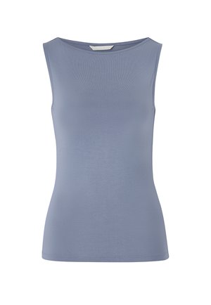 Dopasowany top bez rękawów w jednolitym, stonowanym niebieskim kolorze, z okrągłym dekoltem i gładką fakturą tkaniny.