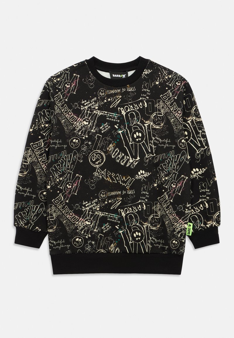 Sudadera negra con un estampado estilo graffiti que presenta texto colorido y garabatos, puños acanalados y una etiqueta de logo verde cerca del dobladillo.