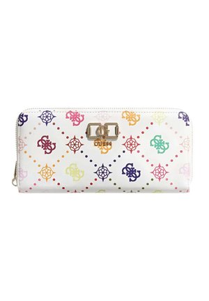 Portefeuille blanc zippé avec des logos multicolores à motifs, fermoir doré et petites lettres "GUESS" au centre devant.