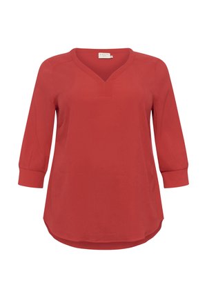Red three-quarter sleeve blouse with a V-neckline, made from a smooth fabric, featuring a slightly curved hem and subtle seam detailing.