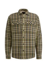 Vihreä, ruskea ja musta ruudullinen nappipaita, jossa on kaksi rintataskua, pyöreä helma ja herringbone-kuvio kankaassa.