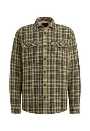Chemise à carreaux verte, marron et noire avec deux poches poitrine, ourlet arrondi et motif en chevrons sur le tissu.