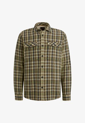 Zeleni, rjavi in črni karo srajca s gumbi, z dvema žepoma na prsih, zaobljenim robom in herringbone vzorcem na tkanini.