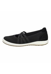 Scarpa nera in rete slip-on con cinturini elastici incrociati, accenti in camoscio, punta arrotondata e suola in gomma bianca con un motivo di battistrada testurizzato.