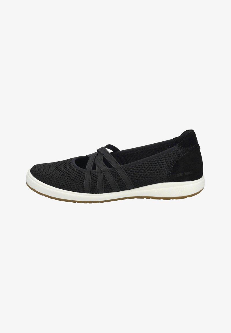 Scarpa nera in rete slip-on con cinturini elastici incrociati, accenti in camoscio, punta arrotondata e suola in gomma bianca con un motivo di battistrada testurizzato.