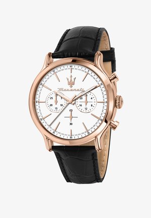 Maserati chronografur med et roseguld urkasse, hvid skive, sort krokodillemønster læderrem og sub-skiver til tidsmåling.