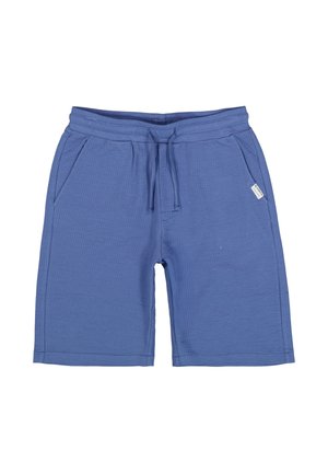 Blaue Freizeithose mit vorderen Taschen, einem elastischen Bund und einem Kordelzug, flach auf weißem Hintergrund dargestellt.