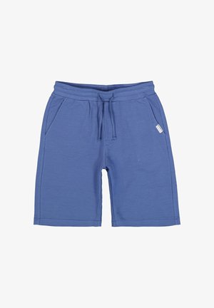 Blaue Freizeithose mit vorderen Taschen, einem elastischen Bund und einem Kordelzug, flach auf weißem Hintergrund dargestellt.