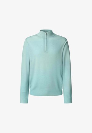 Hellblauer Pullover mit hohem Kragen und halbem Reißverschluss. Lange Ärmel und gerippte Bündchen, aus einem weichen, strukturierten Material gefertigt.