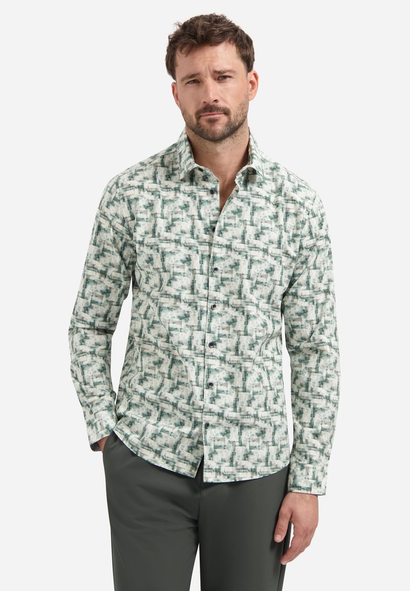 Groen en wit gestreept shirt van stof met een gladde textuur, met een knoopsluiting aan de voorkant en lange mouwen.