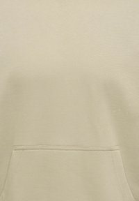 Gaiši bēšs džemperis ar kapuci no mīksta auduma, ar priekšējo kabatu un ribotu apakšmalu. Gluda tekstūra ar minimāli redzamām šuvju detaļām.