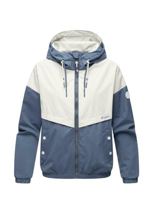 Chaqueta con capucha de diseño bicolor en azul y blanco, con puños elásticos, cremallera frontal y parche con logotipo en la manga.