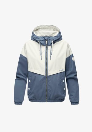 Kapuutsiga jakk sinise ja valge värvikombinatsiooniga, millel on elastsed varrukaotsad, ees tõmblukk ja varrukal logopatch.