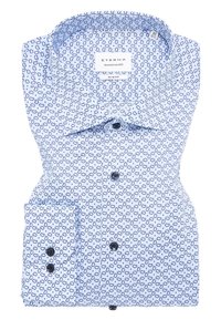 Slim-fit blauwe shirt van dynamische katoen met een herhalend marineblauw cirkelpatroon, een klassieke kraag en zwarte knopen op de sluiting en manchetten.