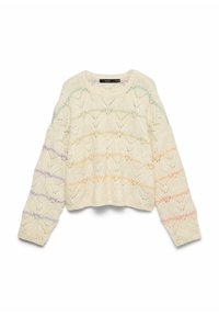 Maglione lavorato a maglia color crema con motivo a rilievo e strisce pastello in verde chiaro, giallo e lavanda. Design corto con maniche lunghe.