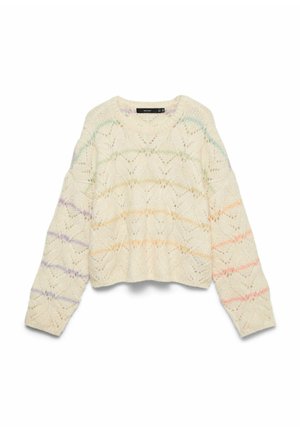 Krémový pletený svetr s texturovaným vzorem s pastelovými proužky v světle zelené, žluté a levandulové barvě. Krátký střih s dlouhými rukávy.