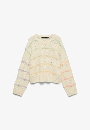 Kreminis megztinis su struktūruotu raštu ir pastelinėmis juostelėmis šviesiai žalios, geltonos ir levandų spalvos. Trumpas modelis su ilgomis rankovėmis.