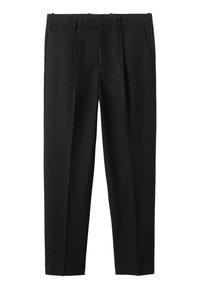 Zwarte broek met rechte pijpen, vervaardigd uit zachte stof. Kenmerkt zich door een klassiek ontwerp met steekzakken en subtiele plooien.