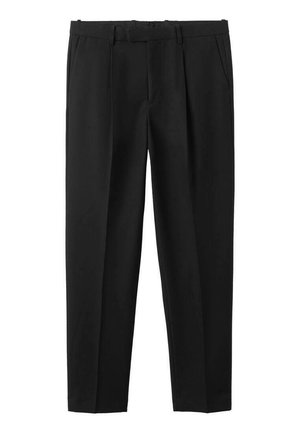 Zwarte broek met rechte pijpen, vervaardigd uit zachte stof. Kenmerkt zich door een klassiek ontwerp met steekzakken en subtiele plooien.