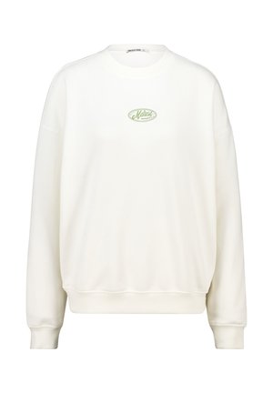 White sweatshirt with a crew neckline, ribbed cuffs, and hem. Features a light green "Melrose" logo on the front. Soft, smooth texture.