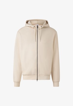 Beige zip-up hoodie gemaakt van zachte stof, met een trekkoordkap, ribgebreide manchetten en zoom, met een strakke, minimalistische uitstraling.