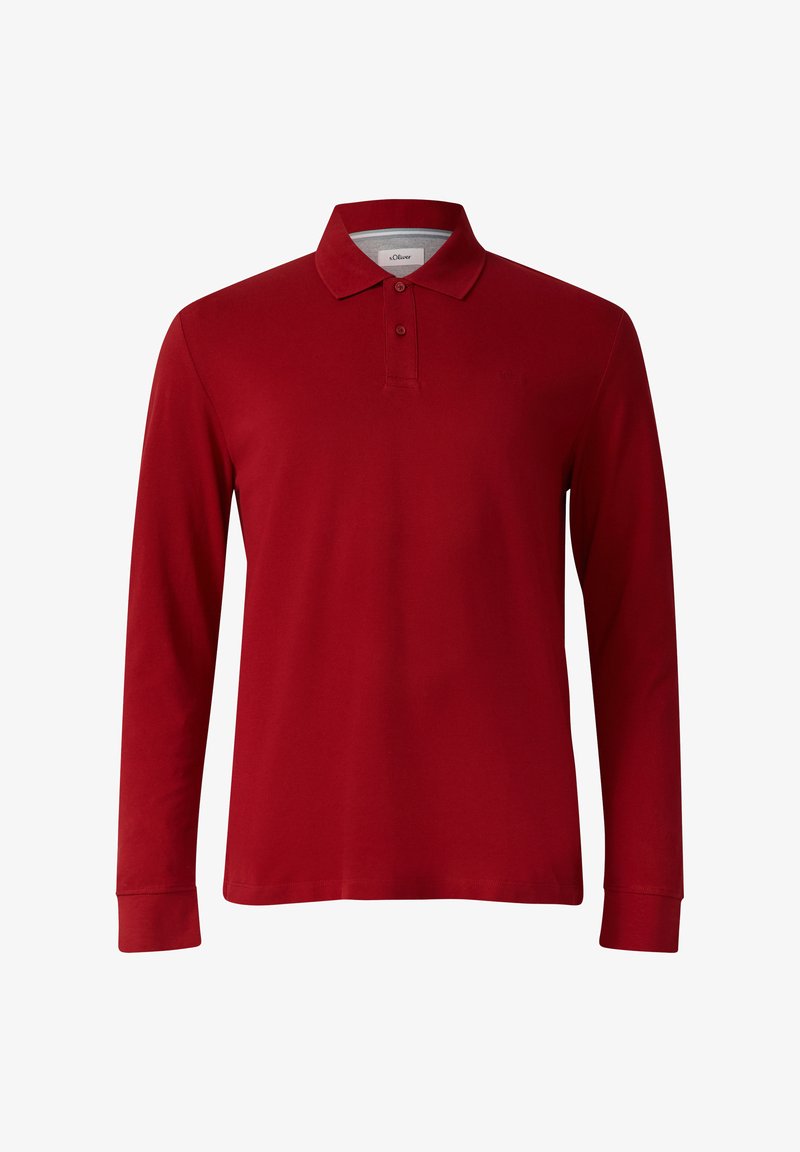 Long-sleeve polo shirt in solid red, made of soft cotton, featuring a classic collar and two-button placket, with straight-cut hem.