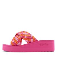 Woven flip-flop sandal with a pink and orange strap design. Thick pink rubber sole with textured tread. Brand logo on the side.