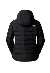 Veste d'hiver noire matelassée avec capuche, manches longues et logo « The North Face » sur le haut du dos à droite.