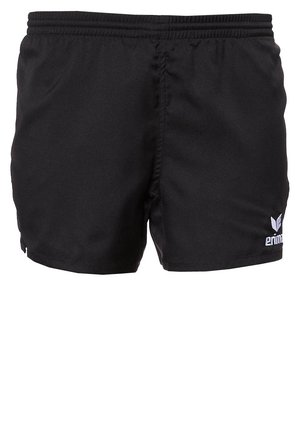 Zwarte sportkorte broek met elastische tailleband en klein wit logo op het onderste rechterbeen, tegen een witte achtergrond.