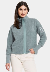 Fleece jack in lichtblauw-grijs met hoge kraag, rits aan de voorkant en elastische manchetten. Heeft een gestructureerd oppervlak en logo detail op de mouw.