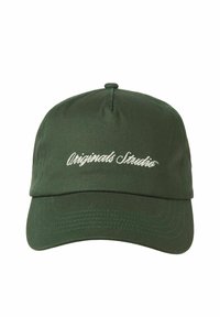 Green cap made of fabric with a curved brim. Features white embroidered text reading "Originals Studio" on the front.