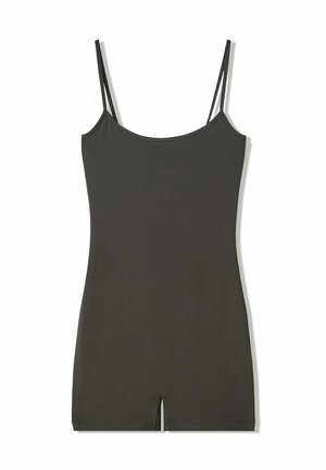 Dark gray bodysuit with thin straps, smooth fabric, fitted design, and a cut-out at the bottom. Simple, seamless construction.